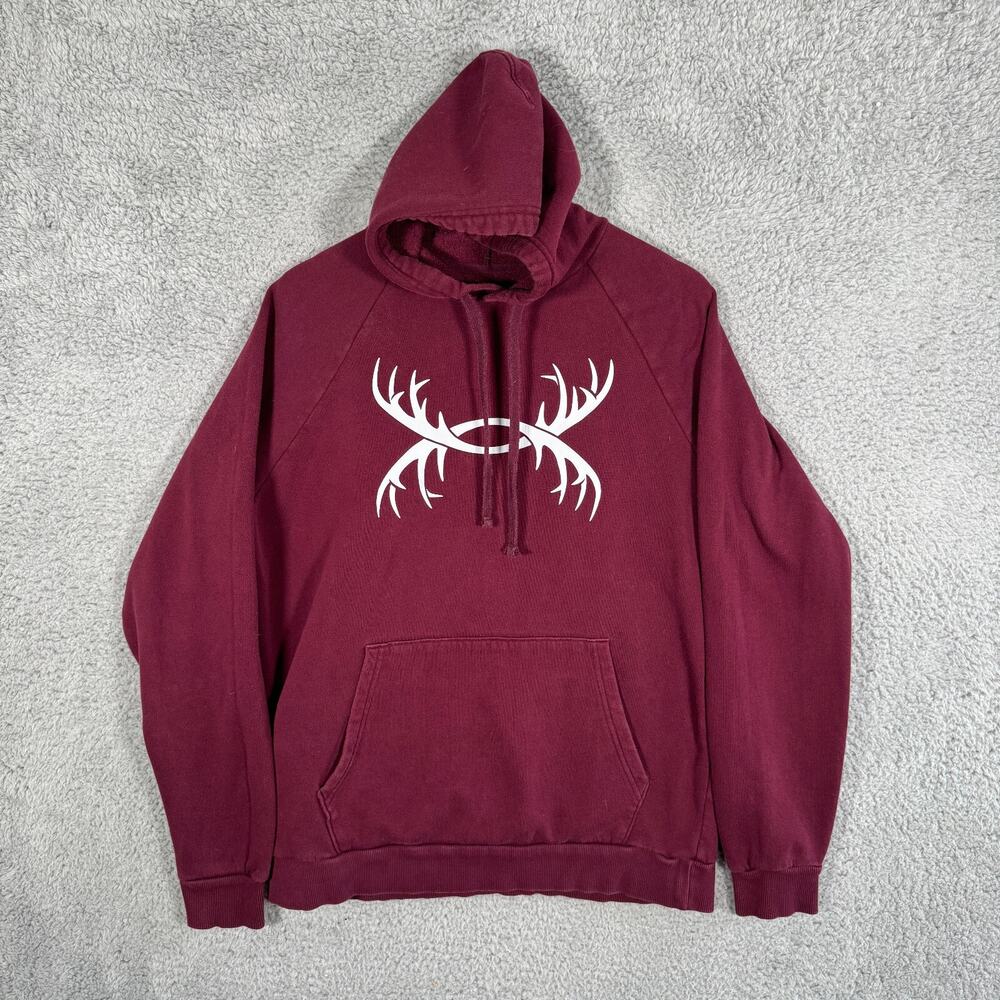 Under Armour Pullover Hoodie Burgundy Mens Medium Loose Fit UA Antler Logo